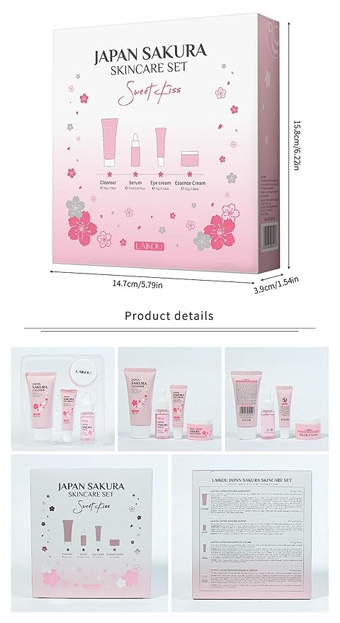 Skin Care Kit Cherry Blossom Korean Skincare Set for Teen Girls & Women Travel Sizes Hydrating Cleanser, Anti-Aging Serum, Moisturizer, Eye Cream - Radiant Gentle Skin Cleaning Mini Holiday Gift (4PC)