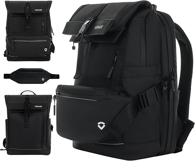 Verage Pulse 2-in-1 Roll Top Laptop Backpack 16″ with Detachable Everyday Sling Bag, Personal Item Size, Expandable Water-Resistant Travel Backpack for Airplane, Work & Daily Commute – Black