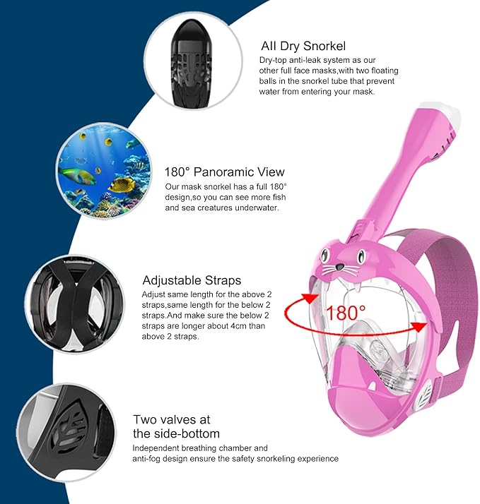 Full Face Snorkel Mask, Diving Mask for Kids and Adults,180° Panoramic View Snorkel Mask with Camera Mount, Safe Breathing, Anti-Leak&Anti-Fog