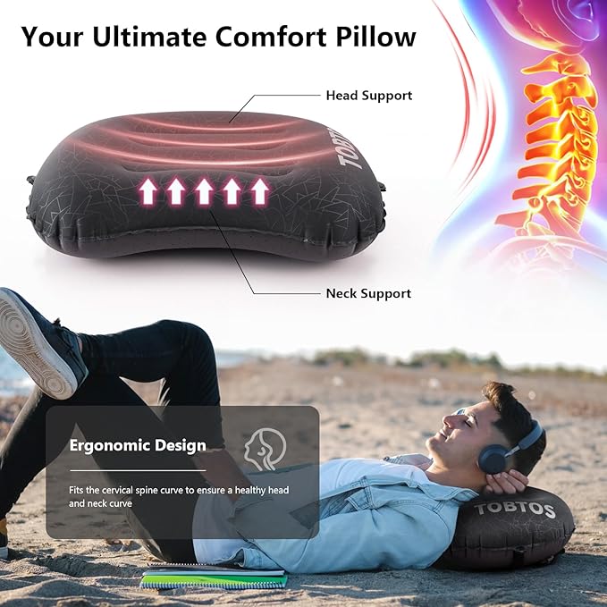 TOBTOS Ultralight Camping Pillow - Inflatable, Ergonomic Neck & Lumbar Support, Blow Up Air Pillow for Travel, Hiking, Outdoor (Black), 17x12