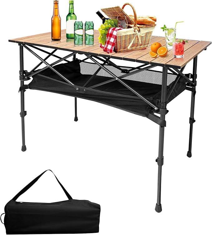 Aluminum Folding Camp Table w/Storage Bag, Roll Up Surface Portable Camping Table Height Adjustable Outdoor Indoor Use for Camping Picnic BBQ Backyard
