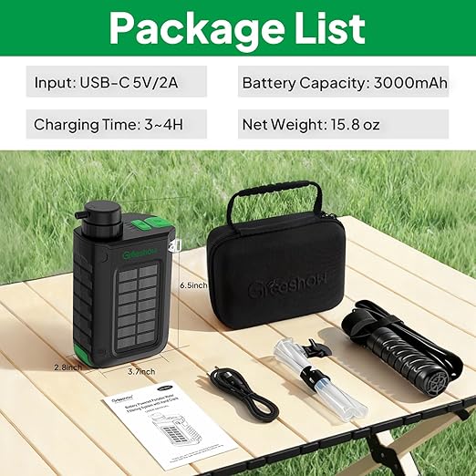 Greeshow Electric Portable Water Filter Camping - Solar Powered, Hand Crank, USB Charging, Water Purifier Survival with Emergency Light for Hiking Backpacking Travel Outdoor, Phone Charger, GS-2811