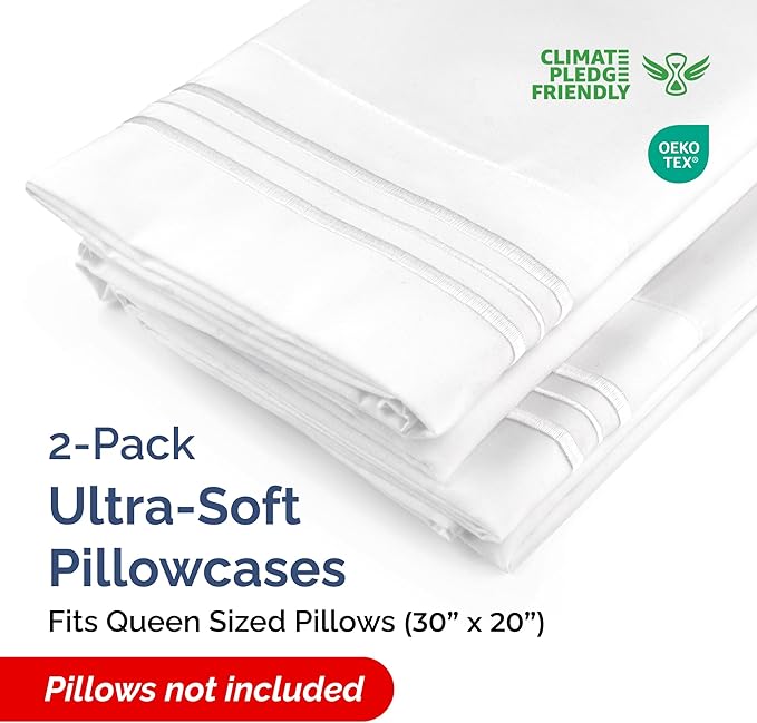 Queen Pillow Cases Set of 2 - Hotel Quality Queen Pillowcase Covers - Ultra-Soft, Comfortable, Cozy Bedding for Women, Men, Kids & Teens - Wrinkle Free & Machine Washable - White (No Pillows Included)