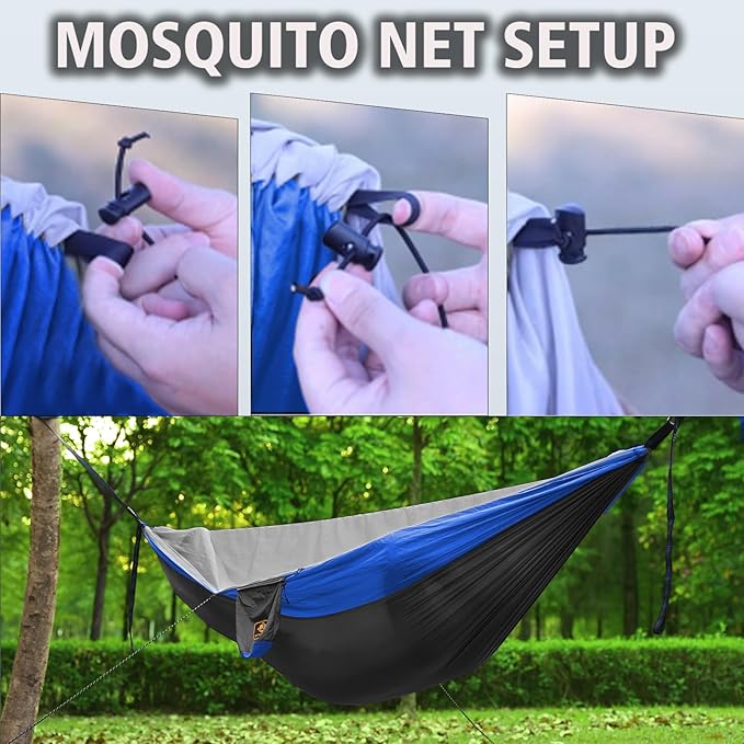 Camping Hammock, Portable Hammocks with Mosquito Net,Lightweight Nylon Parachute Hammock with 10ft Tree Straps,Camping Gear Must Haves for Travel Hiking Backpacking Beach Patio-Deep Grey&Blue