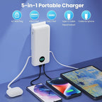 Portable Charger 33800mAh USB C Power Bank with Built-in Cables & AC Wall Plug,25W Fast Charging+QC 4.0 Phone Charger,4 Output LCD Display Battery Pack Compatible with iPhone16/15,Samsung,Android etc