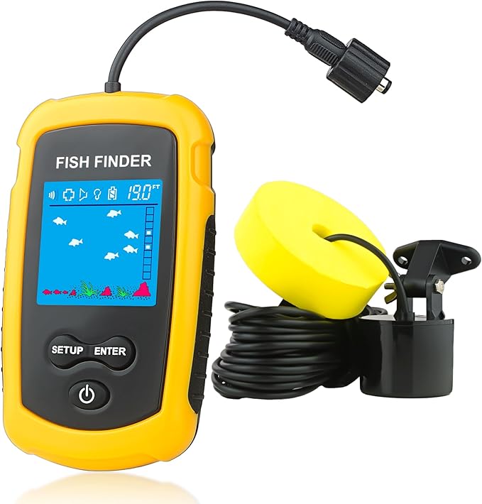 Portable Fish Finder Ice Kayak Fishing Gear Water Depth Finder Handheld Fishfinder with Sonar Transducer and LCD Display