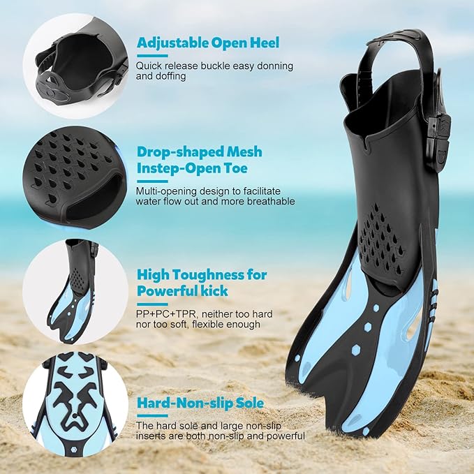 Youth Snorkel Set for Ages 7-16, Snorkeling Gear for Kids with Panoramic View Mask Anti-Fog Anti-Leak Full Dry Top Snorkel Fins Travel Bag for Swimming Diving