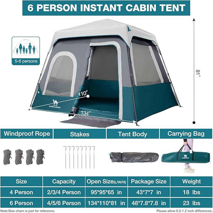 Camping Tents 4/6 Person Pop Up Instant Tent - Setup in 60s for Family Camping, Windproof Design, Family Cabin Tent with Rainfly & Backpack Carry Bag