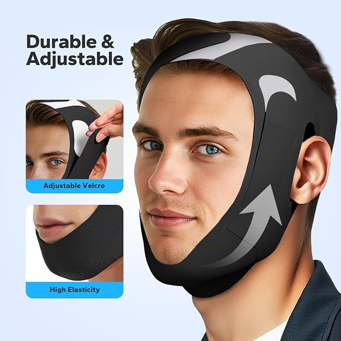 Anti-Snoring Chin Strap, Adjustable Chin Strap for Sleeping, Anti Snore Solution, Snoring Stopper, Chin Strap for Mouth Breathing Prevention (Black)