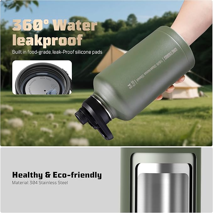 OneTigris Tactical Half Gallon Water Bottle with Straw - 64 oz Vacuum Insulated Stainless Steel Water Jug, Leakproof Sport Bottle with 3 BPA Free Lids, Paracord Handle & MOLLE Water Pouch for Outdoor