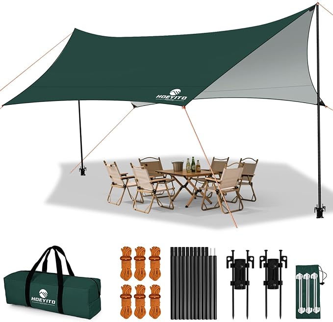 Camping Tarp with Poles & Retainer,15x12.5FT Large Waterproof 210D Oxford Cloth Camping Canopy, Anti-UV UPF100+ Tent Tarp Car Awning for Outdoor, Picnic, Hammock, Car, Backpacking (Green)