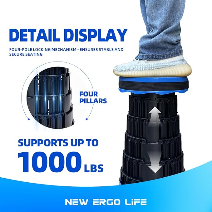 Portable Collapsible Stool - 4 Pillars Large Weight Capacity Travel-Friendly Folding Stool, Easy to Use Lightweight Telescoping Seat for Outdoor Activities, Camping & Hiking (Blue)