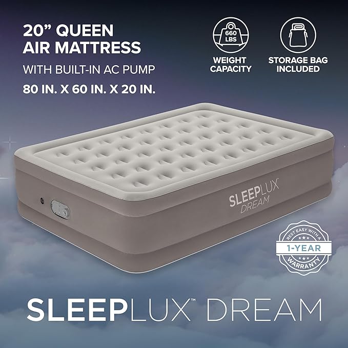 SLEEPLUX Dream Luxury Queen Air Mattress, Built-in Dual Pump, Stays Inflated All Night, 20” Double-High Blow-Up Airbed with Coil Beams, for Guests, RV Camping & Home, 1-Year Warranty