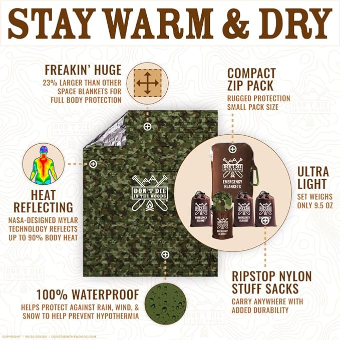 Don't Die In The Woods - Freakin’ Huge Emergency Blankets [4-Pack] Extra-Large Thermal Mylar Space Blankets with Ripstop Nylon Stuff Sacks + Carabiner Zipper Pack [Woodland Camo]
