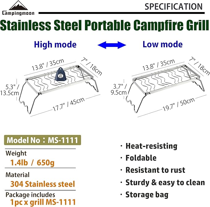 CAMPINGMOON Portable Folding Camping Campfire Grill over Fire Split Stoves 304 Stainless Steel (13.8’’L (MS-1111))