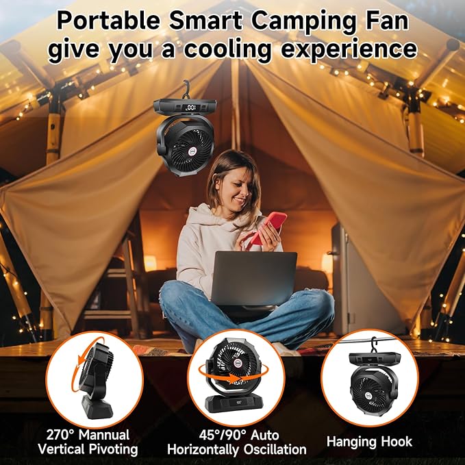 40000mAh Battery Powered Camping Fan,12-Inch Portable Personal Fan with Remote,LED Lantern, 6 Speeds,Timer,Auto Oscillation,Digital Display Cordless Tent Fan (Black)