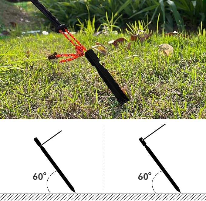 12 Pack Tent Stakes, 7-inch Ultralight Aluminum Ground Pegs with Reflective Pull Ropes, Tri-Beam Stake in a Carrying Bag, for Camping, Backpacking, Hiking, Hammocks and Canopy (Black)