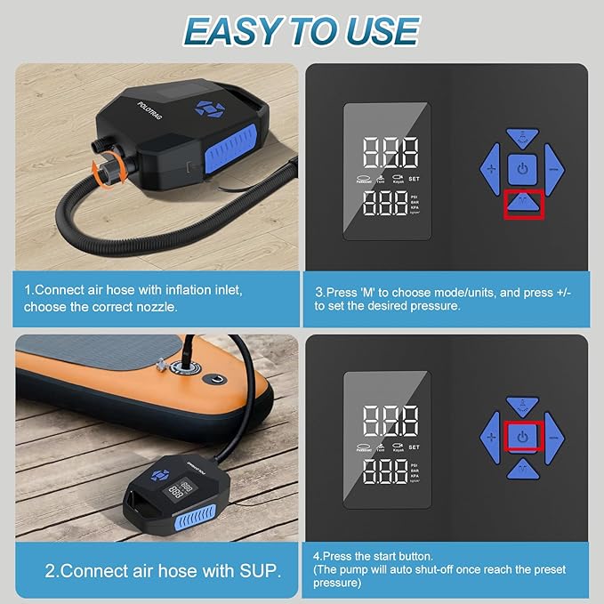 Paddle Board Pump, Rechargeable SUP Pump Electric, 20PSI Portable Paddleboard Pump with Inflation & Deflation, Auto-Off for Inflatables, Kayak, Towable Tube and Air Mattress