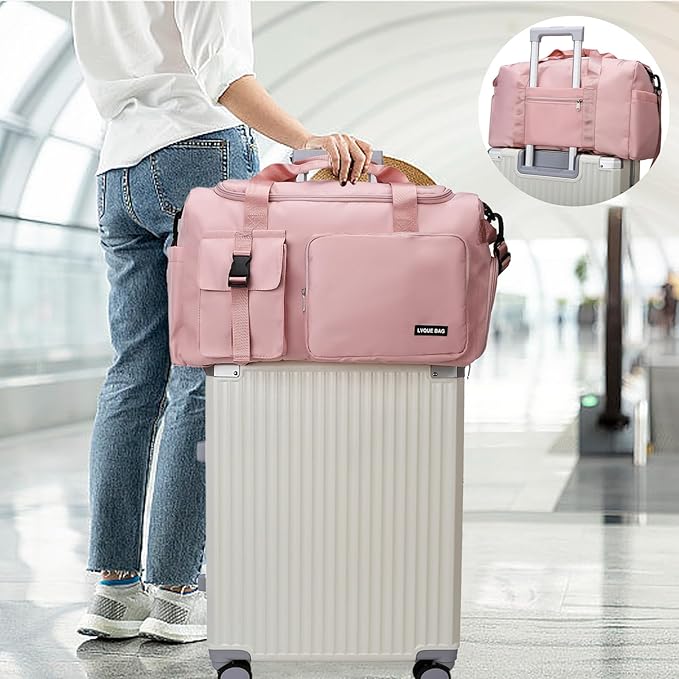 Eslcorri Gym Duffle Bag for Women Men, Sports Backpack with Wet & Shoe Compartment, Fitness Overnight Weekender Bag for Yoga, Swim, Travel (Style B, GrayPink)