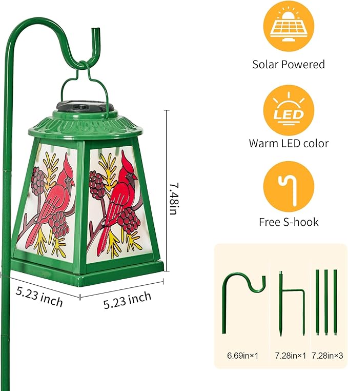 Solar Lantern with Shepherd Hook, Cardinal Hanging Solar Lantern Light, Outdoor Waterproof Glass Lanterns Metal Decorative for Garden Patio Yard Pathway, Gifts for Mom Women, Cardinal