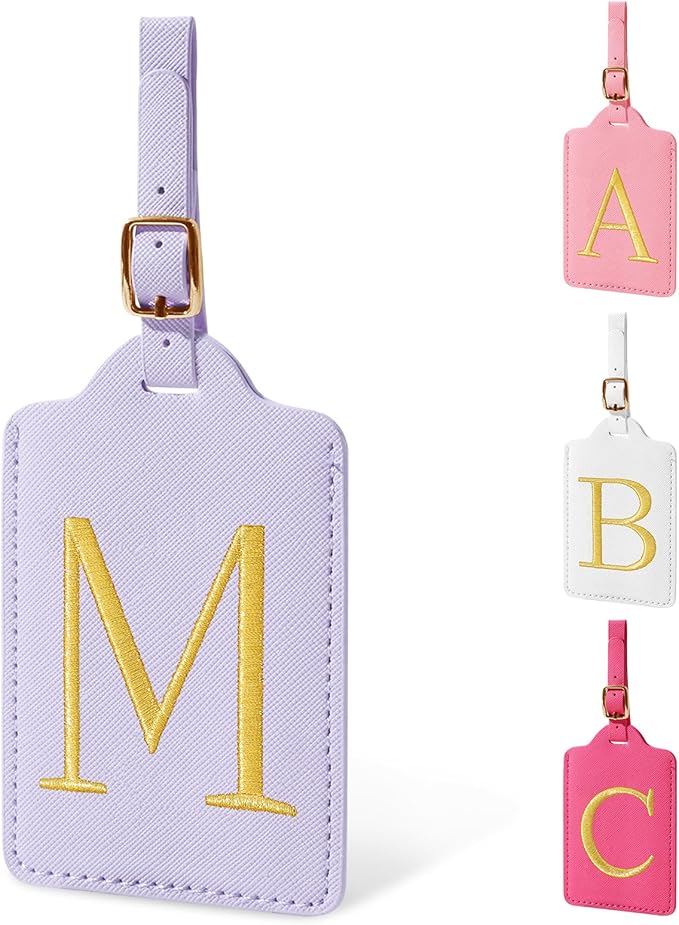 Personalized Initial Luggage Tags for Suitcase, Purple Leather Cute Luggage Tags with Privacy Cover Name Card, Embroidered Custom Monogrammed Luggage Tag Travel Backpack Tags Gifts for Women Kids(M)