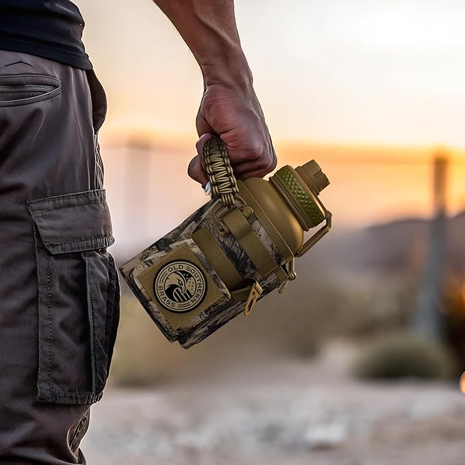 Combat Canteen - 32oz Insulated Water Bottle with Paracord Handle, Stainless Steel Water Jug with Rugged Pockets for Keys, Wallet & Phone - Woodland Camo