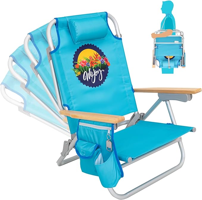 #WEJOY Folding Beach Chair for Adults, 4-Position Aluminum Lightweight Beach Chair, Low Sands Chairs with Shoulder Strap, Cup Holder and Padded Headrest, Supports 265lbs for Lawn