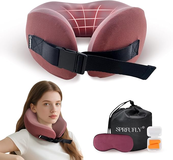 SPRFUFLY Travel Pillow 100% Memory Foam - Neck Pillow for Sleeping, Airplane Pillow with Sleep Mask & Earplugs, Travel Essentials Neck Pillow for Traveling, Long Flights, Train & Office Use(Soft Pink)