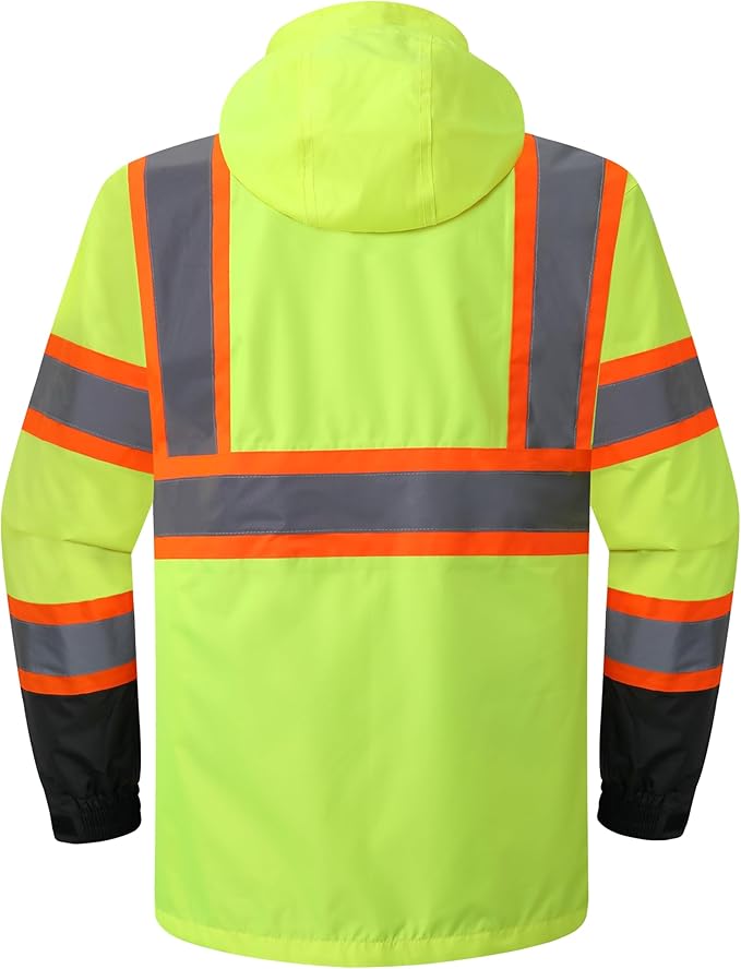 JKSafety Hi-Vis Reflective Safety Rain Jacket and Pants for Men Women Waterproof Rain Gears for Farming Fishing Work HV Rain Suit with Inner Mesh Lining and Pockets (117-Yellow XXL)