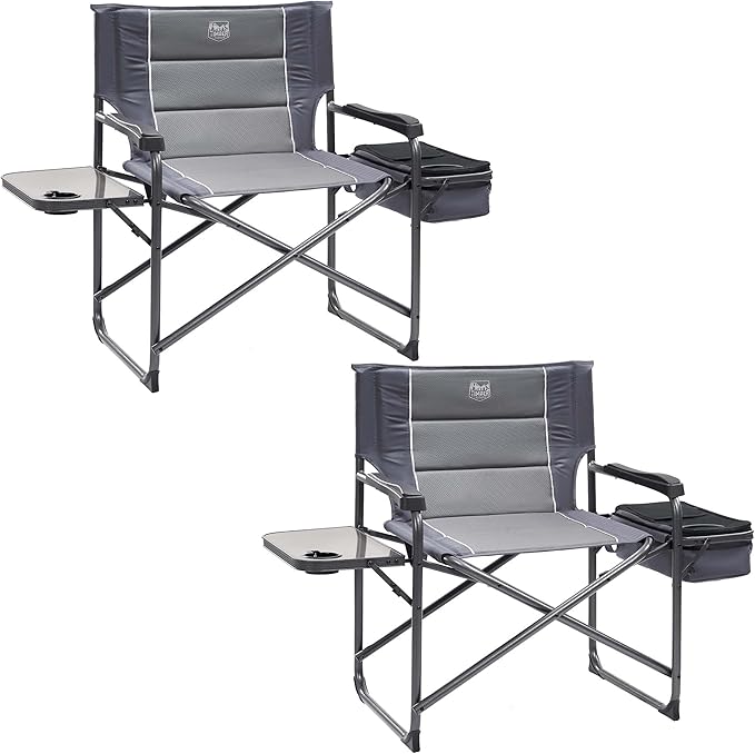 TIMBER RIDGE XXL Oversized Directors Chair 600lbs - Heavy Duty Camping Chair with Cooler Bag & Table, Portable Folding Chair with Wide Seat for Tailgating, Patio, Outdoor - Grey (2 Pack)