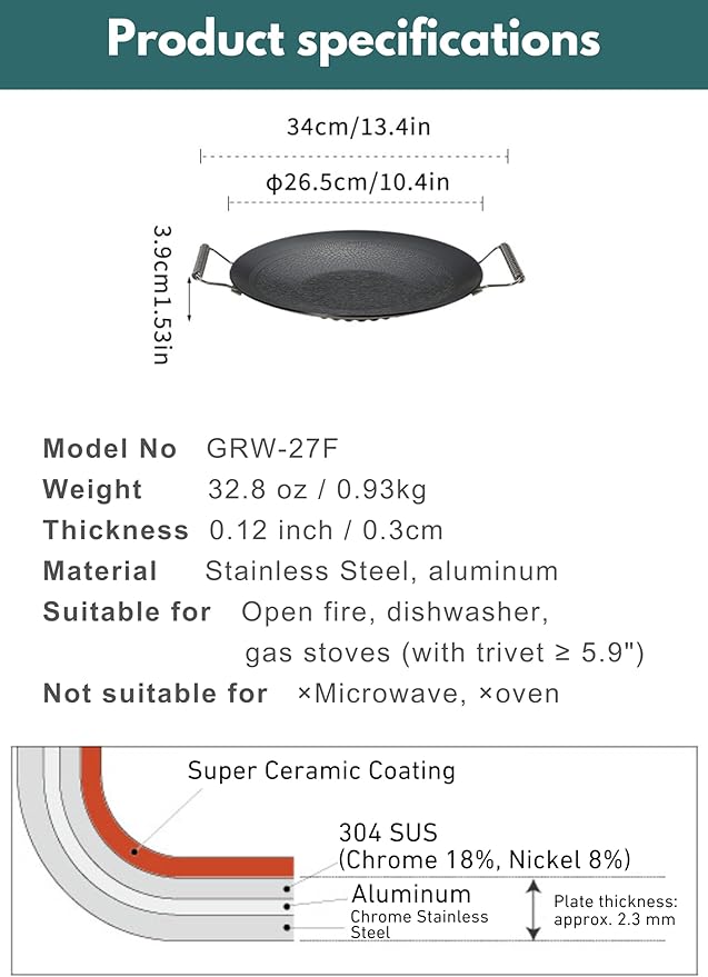 camping moon BBQ Grill Pan Dia 10.4-inch Round Griddle 3-Ply Composite Steel Nonstick Foldable Handle for Open Fire Gas Stove Outdoor & Indoor Use GRW-27F