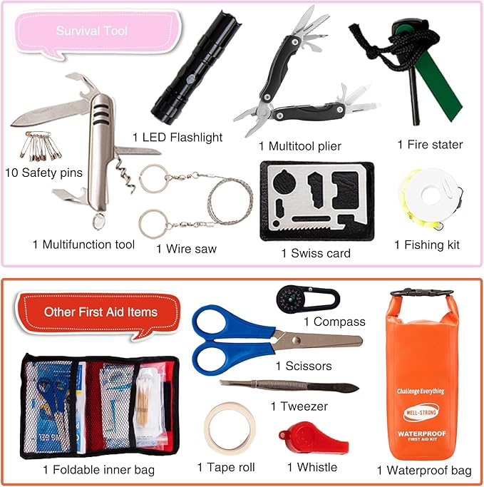 Boat First Aid Kit with Survival Tools, 123pcs Waterproof Emergency Marine Kit with Buckles, Compact Boat Safety Accessories for Fishing Kayaking Boating Camping Rafting Beach Orange