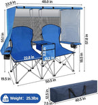 BDL Double Camping Chair with Canopy, Two Person Folding Loveseat with Shade, Heavy Duty Beach Chair with Cooler Bag, Cup Holder for Outside, Fishing, Sports, Beach-Sky Blue