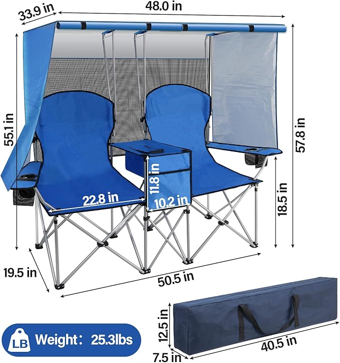BDL Double Camping Chair with Canopy, Two Person Folding Loveseat with Shade, Heavy Duty Beach Chair with Cooler Bag, Cup Holder for Outside, Fishing, Sports, Beach-Sky Blue