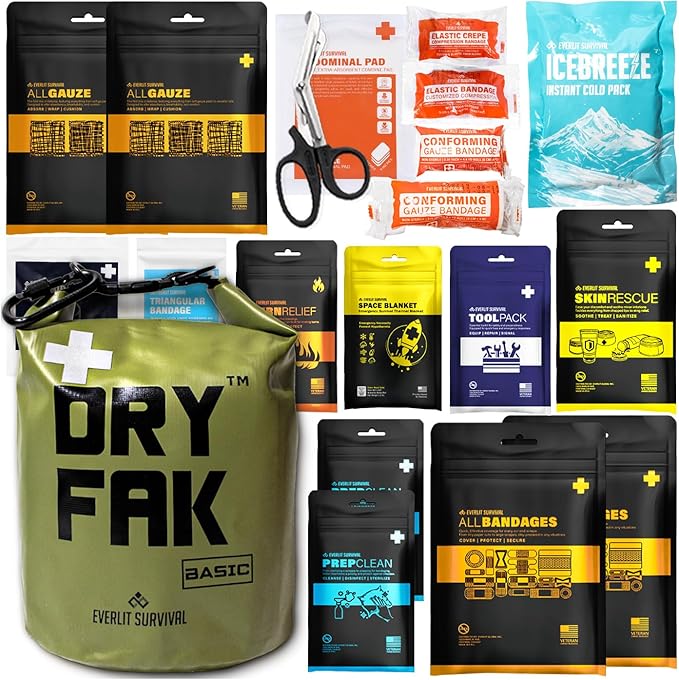 EVERLIT 290 Pc Waterproof First Aid Kit Dry FAK Medical Kit Emergency Survival Kit for Boat, Backpacking, Hiking, Fishing, Travel, Kayaking (Orange) (OD Green)