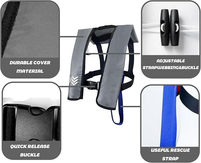Inflatable Life Jacket Supports up to 330 lbs |Life Vest for Adults|PFD Low Profile| Manual (YSH700-Grey)