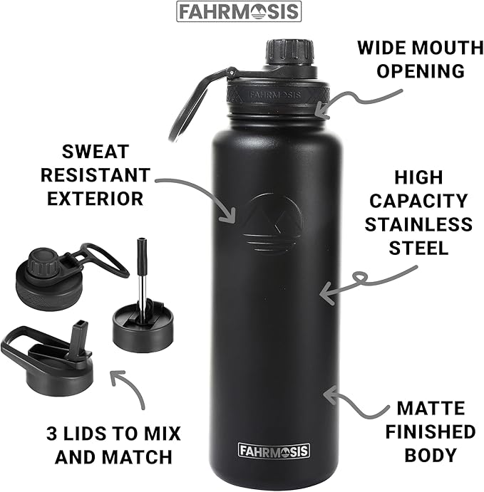 40 Oz Water Bottle with Straw Stainless Steel Sports Water Bottle with 3 Lids (Straw, Chug and Flip Lid) Insulated Leak Proof Metal Jug for Men & Women - Black