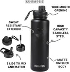 40 Oz Water Bottle with Straw Stainless Steel Sports Water Bottle with 3 Lids (Straw, Chug and Flip Lid) Insulated Leak Proof Metal Jug for Men & Women - Black