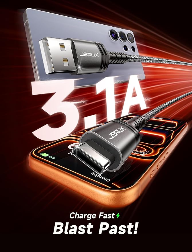 JSAUX USB C Cable [2-Pack 10ft], USB A to USB Cord Fast Charging for iPhone Air, iPhone 17, iPhone 17 Pro, iPhone 17 Pro Max, iPhone 16/iPhone 15 Series, Samsung S20 S10, Note 20 10, Car Pla - Grey