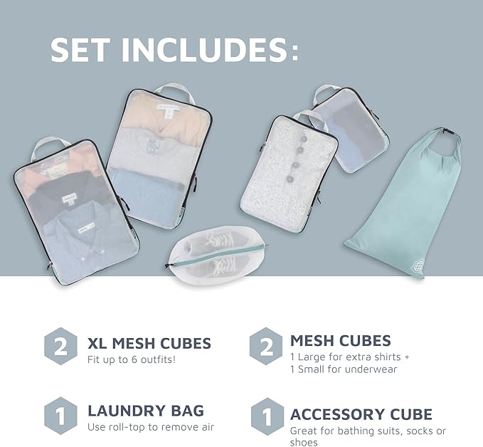 Large Packing Cube Set with See Through Mesh- Compression Packing Cubes Travel Organizers by TRIPPED Travel Gear (Dusty Teal)