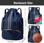 Hoedia Sports Drawstring Backpack - String Swim Gym Bag with Shoes Compartment and Wet Proof Pocket for Women/Men (Navy Blue)