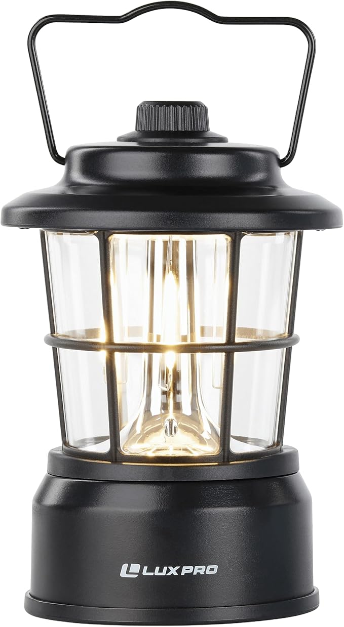 LUXPRO Retro LED Lantern - Battery-Powered Emergency Lantern - Water Resistant - Bright LED Lamp for Indoor & Outdoor Use - Use for Tents, Hiking or Hurricane Prep (Blac, Pack of 1)