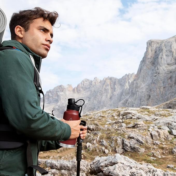 Insulated Sports Water Bottle with Straw Lid Dustproof, 3 Lids, 24/32/40/64 oz Dishwasher Safe & BPA Free Double Wall Stainless Steel Water bottle, Leakproof & Sweat Free -32 Oz Brick Red