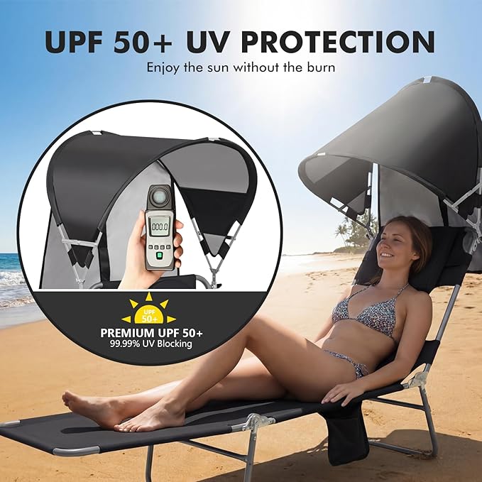 Backpack Beach Tanning Lounge Chair with Canopy Shade Face Hole Padded Adjustable Washable, 6 Position Layout Chair for Outside Sunbathing Poolside Lawn, UPF 50+ Wind-Resistant Sun Shade, 2 Pack