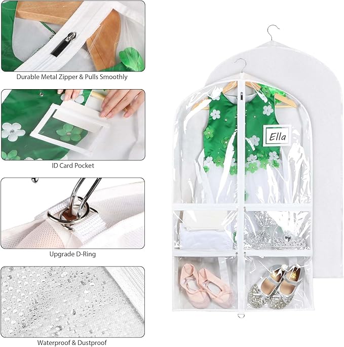 Syeeiex 3" Gusseted Dance Costume Garment Bag(2 Pack), 40'' Dance Garment Bags for Dancers with 4 Zipper Pockets & Can Hold 1-3 Dance Costumes - Suitable for Dance Competitions, Ballet(White)