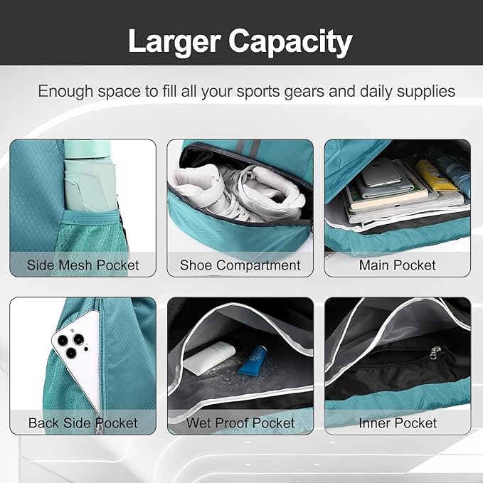 Hoedia Sports Drawstring Backpack - String Swim Gym Bag with Shoes Compartment and Wet Proof Pocket for Women and Men