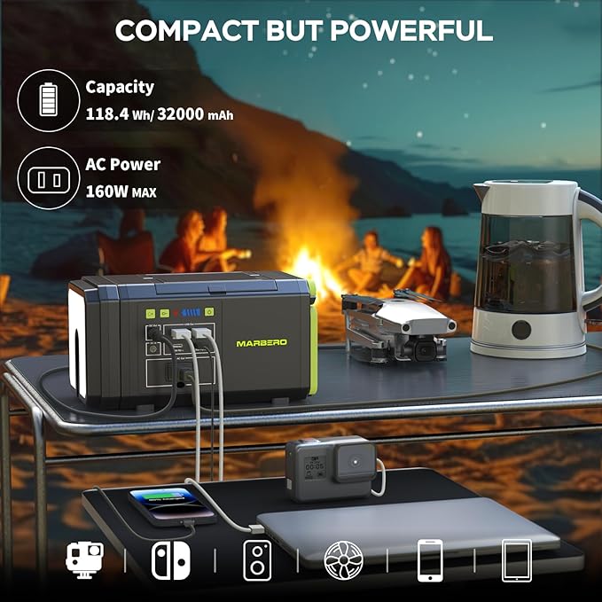 MARBERO 118Wh Solar Generator with Telescopic Camping Lights 32000mAh 160W Max Portable Power Station with Solar Panel Included 30W AC Outlet USB DC Output for Camping Hiking Emergency
