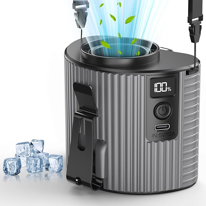 KITWLEMEN Portable Waist Fan - Personal Clip on Belt Fan, 5 Speeds 20H Cooling, Rechargeable Battery Operated, Wearable with Lanyard for Camping, Travel, Jobsite (Gray)