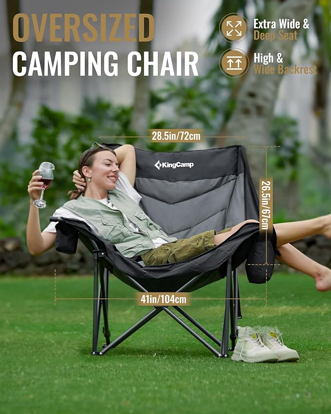 KingCamp Oversized XL Camping Chair, Heavy Duty 500lbs Folding Couch for Adults, Padded Large Comfortable Sofa Seat with Cooler Bag Cup Holder for Outdoor Sports Fishing Patio Lawn, Black/Grey