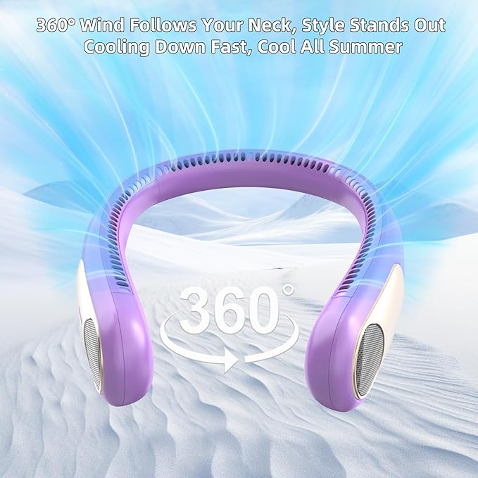 Portable Neck Fan,Personal Wearable Bladeless Fan,LED Display,4-Speeds,6000mAh USB Rechargeable,360° Strong Cooling Wind,Hands Free,Long Lasting,Birthday Gifts for Men Women Dad Mom (Purple)